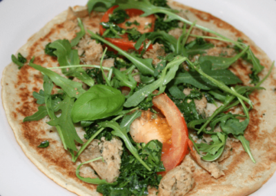Vegan Brunch Pesto & Sausage Crepe with Rocket & Tomato